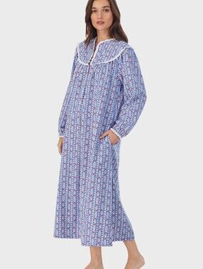 Lanz Of Salzburg Classic Blue Tyrolean Stripe Flannel Nightgown Size Medium